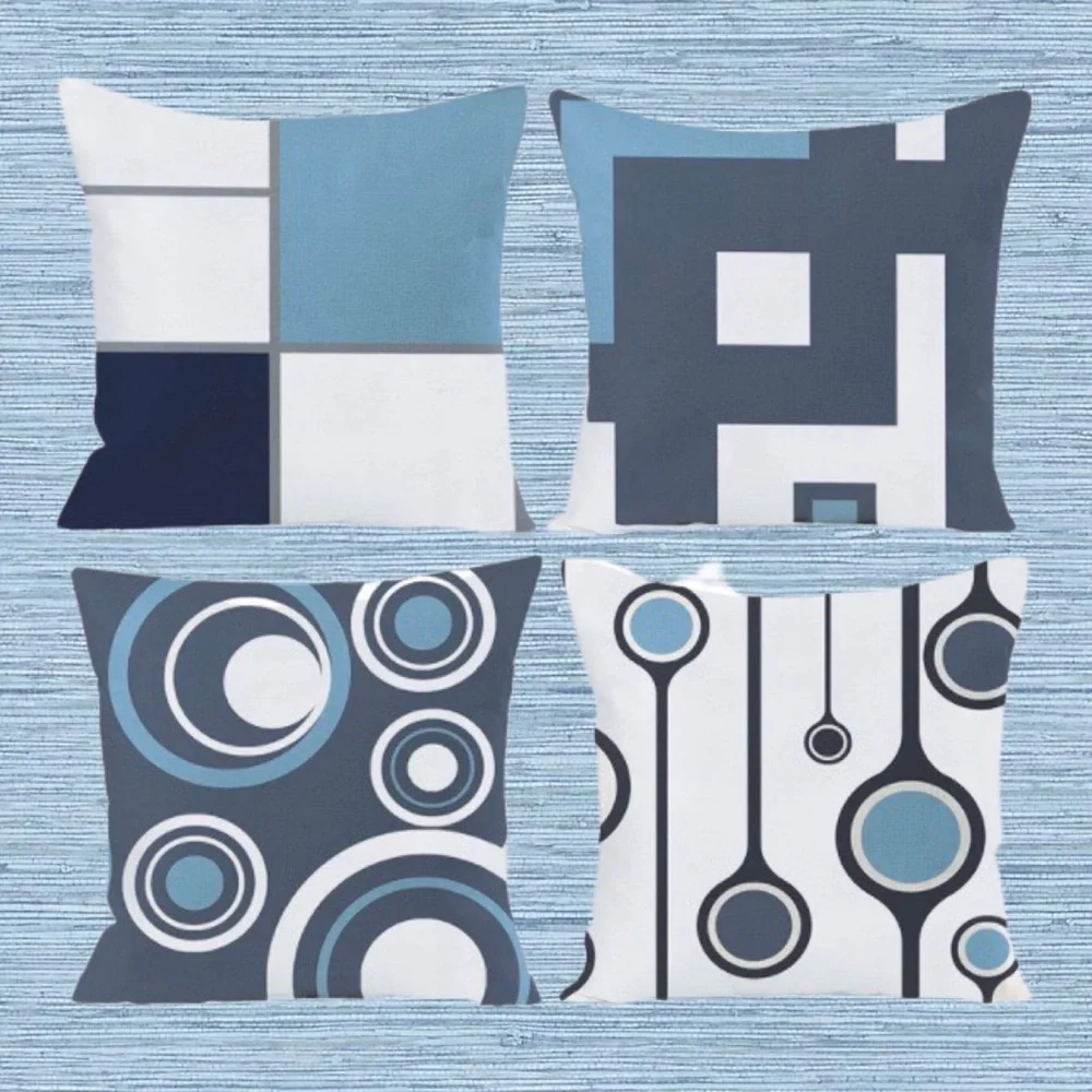 Luxury Home | Set of 4 Two Tone Blue & White Geo Pattern Throw Pillow Covers